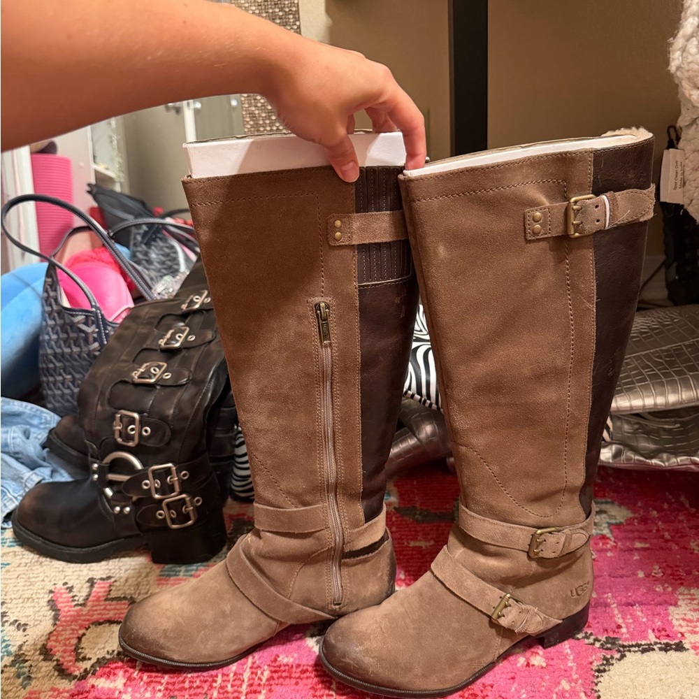 UGG Women's Taupe Brown Suede Over-the-Knee Boots with Buckle Detail